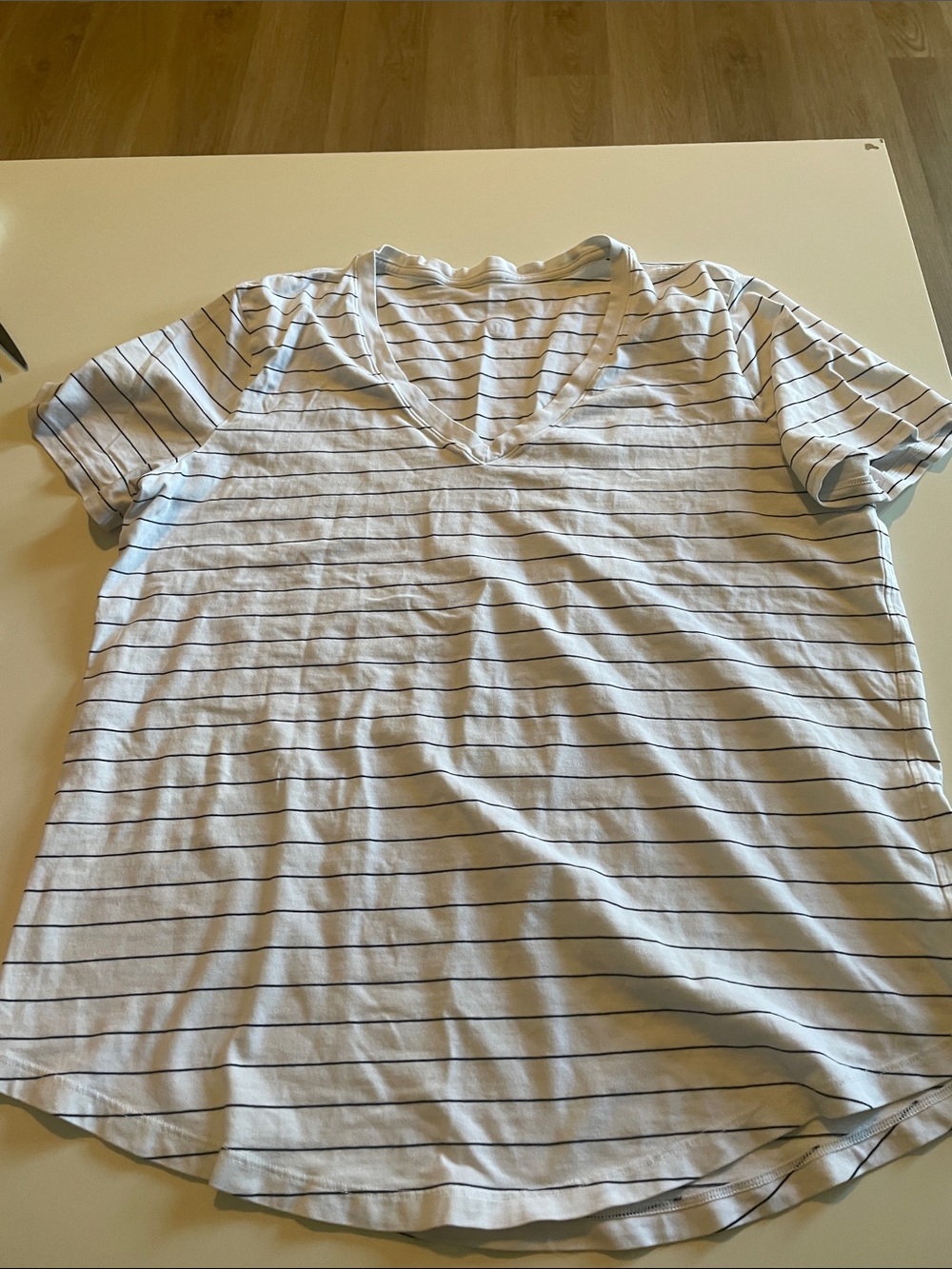 lululemon athletica White V-Neck Short Sleeve Top with Thin Black Stripe